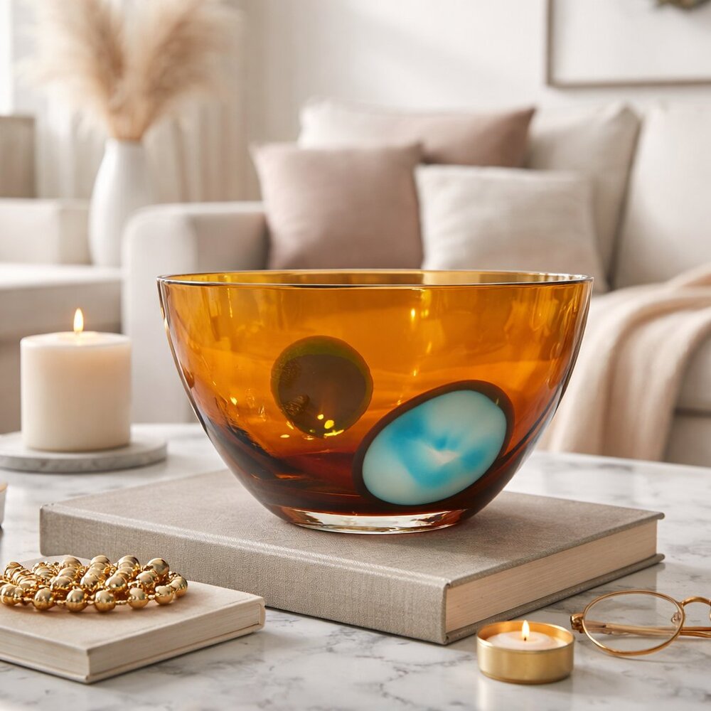 Art Glass Bowl Waterford 8” Amber Blue Swirl Hand Blown Modern Decor Rare